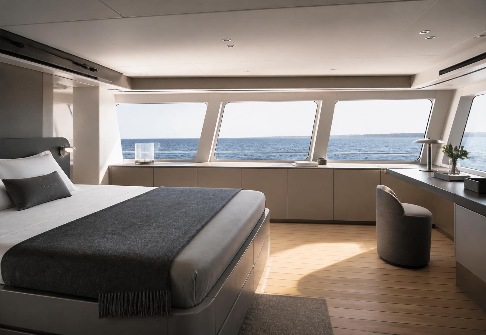Owner suite of the Sunreef 80 with panoramic hull windows
