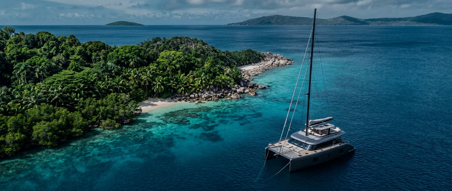 Sunreef 80 anchored off a remote island
